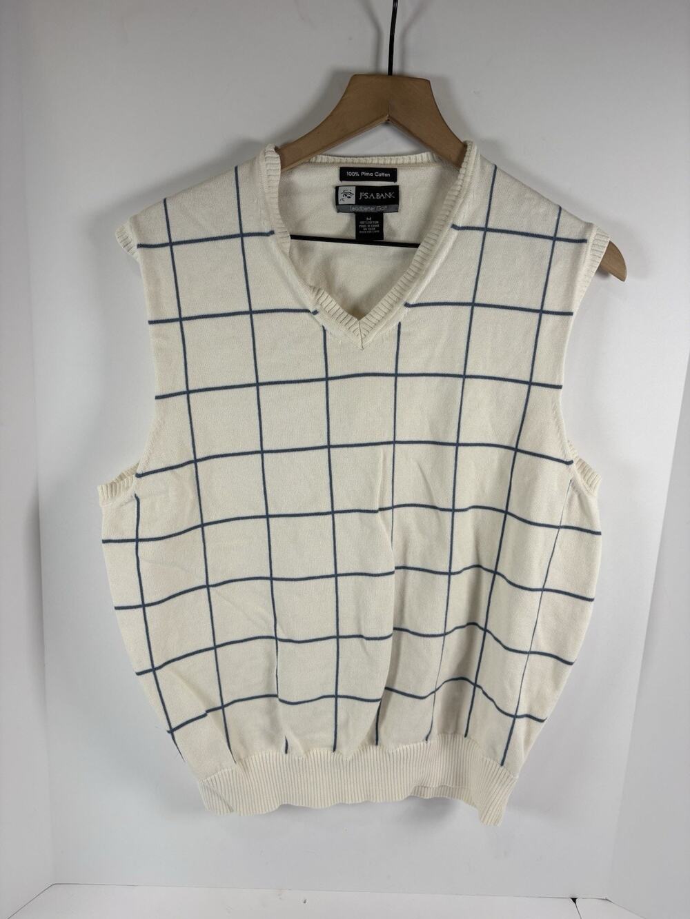 Jos A Bank Leadbetter Golf Mens M Pima Cotton Sweater Vest Cream Blue Windowpane